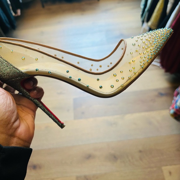 Christian Louboutin Beige Blue Crystal Embellished Mesh Follies Pumps Size 41 - Picture 10 of 16